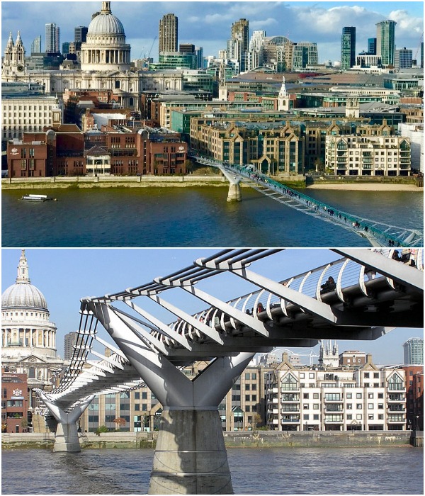 The Wobbly Bridge имеет уникальную конструкцию горизонтального висячего моста, которая сыграла злую шутку с проектировщиками (мост Миллениум, Лондон).