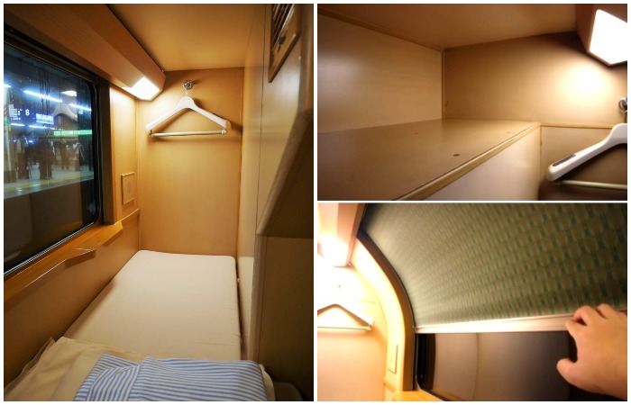 В одноместном «номере» есть место для багажа, вешалка и большое окно со шторой (Sunrise Express).