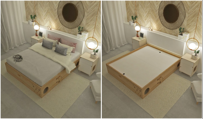 Обычная с виду кровать позволит домашней мурлыке быть всегда рядом с хозяевами. © CatLife.