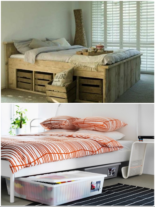 Под кровать можно пристроить все что есть, только не стоит забывать о стиле оформления комнаты. | Фото: pinterest.co.uk/ remont-samomy.ru.
