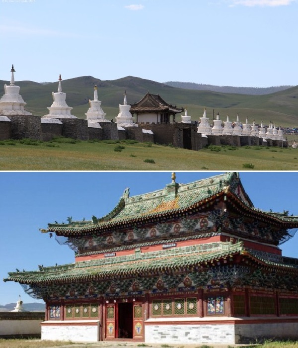 На территории некогда процветающего монастырского комплекса осталось лишь три аутентичных храма (Эрдэни-Дзу, Монголия).