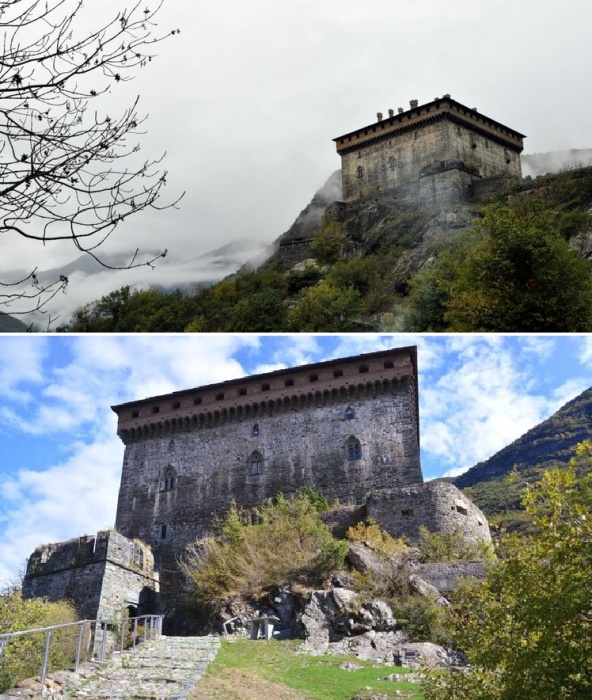 Стены замка стали естественным продолжением скалы, на которой он расположен (Il Castello di Verres, Италия).