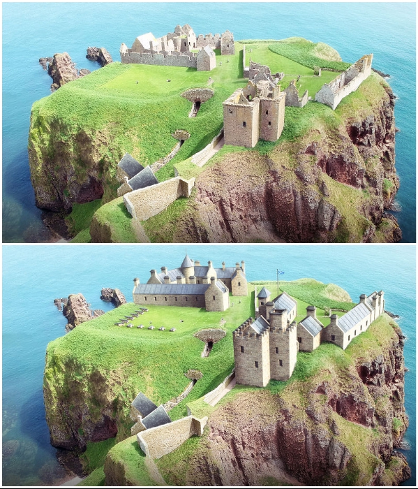 Руины и цифровая реконструкция замка-крепости Dunnottar Castle (Шотландия). | Фото: boredpanda.com/ © budgetdirect.