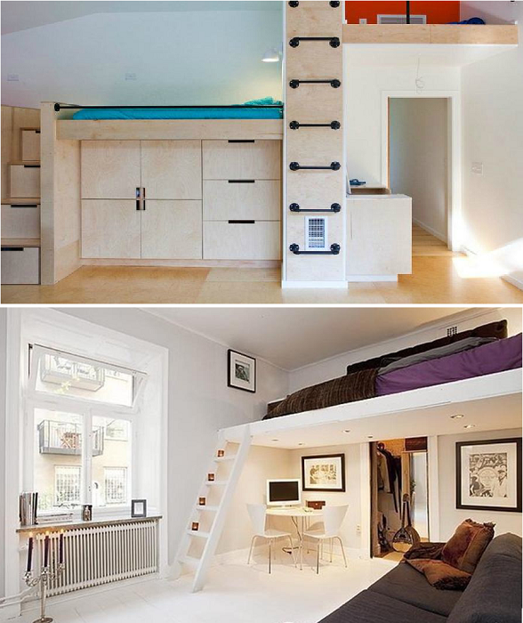 Если позволяют потолки, стоит подумать о создании спальни на втором ярусе. | Фото: financloansinvest.ru/ pikabu.ru.