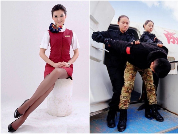 Бортпроводниц Китая обучают не только красиво и правильно сидеть, но и обезвреживать дебоширов или террористов. | Фото: cyberspaceandtime.com. 