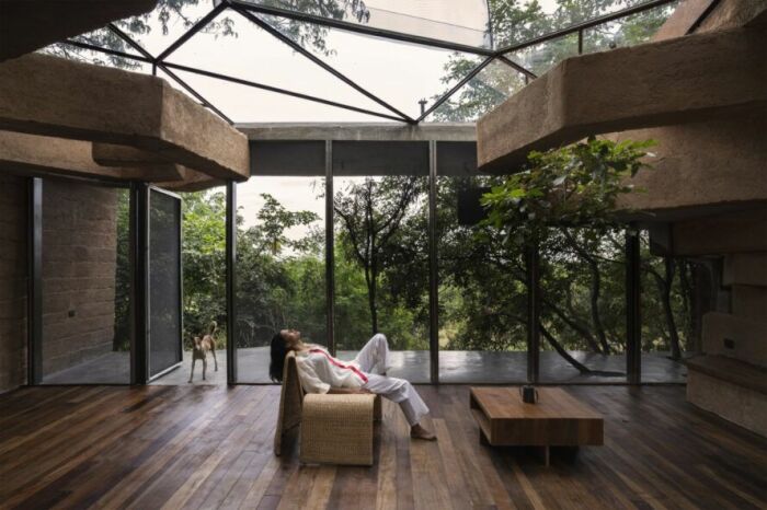 Стеклянная крыша позволила организовать «жизнь под деревом» (Chuzhi house, Индия). | Фото: architecturaldigest.in.