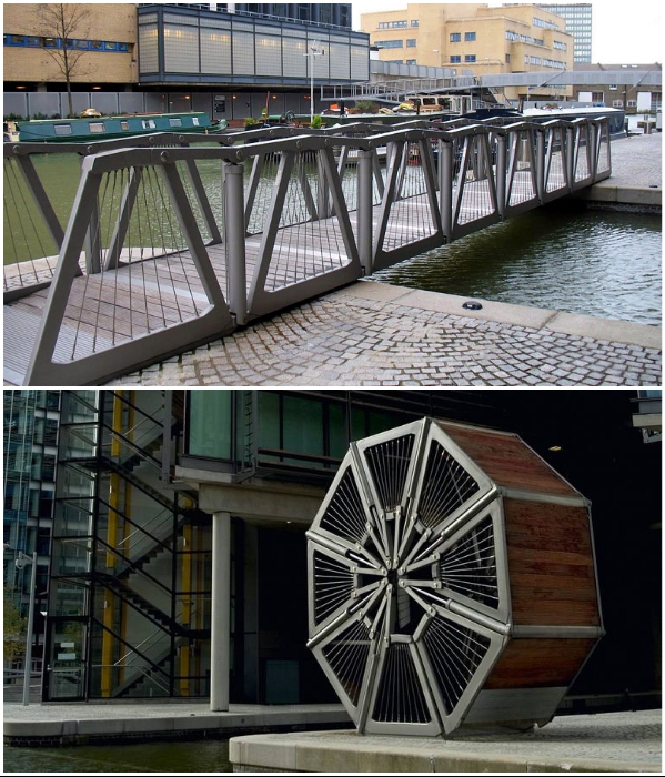 Обычный с виду мост раз в неделю трансформируется в гигантский восьмигранник (Rolling Bridge, Лондон). | Фото: orangesmile.com/ idoorway.mirtesen.ru. 