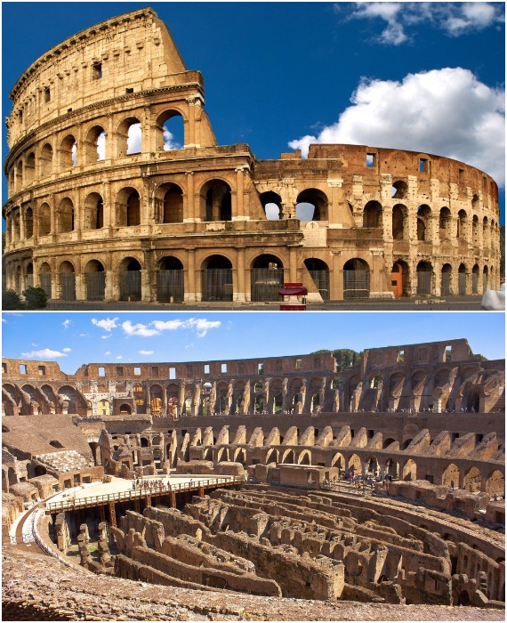Под дощатым настилом арены Колизея предусмотрена сложная система подземных лабиринтов (Рим).