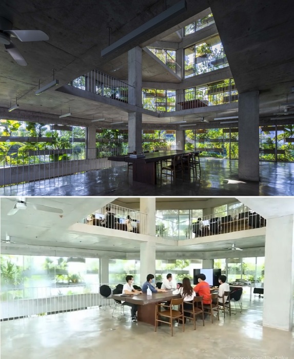 На первом этаже, предусматривающем организацию атриума во всю высоту здания, расположен зал для мозговых штурмов (Urban Farming Office, Хошимин).
