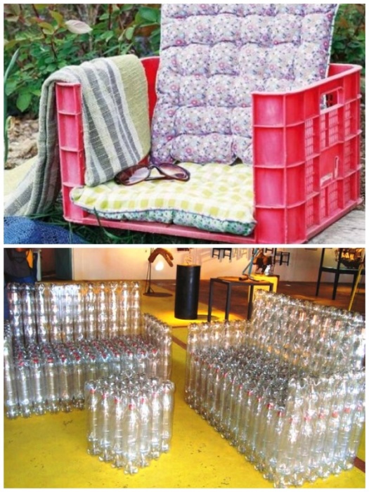 Дачную мебель можно смастерить даже из пластиковых ящиков и бутылок. | Фото: yandex.com.