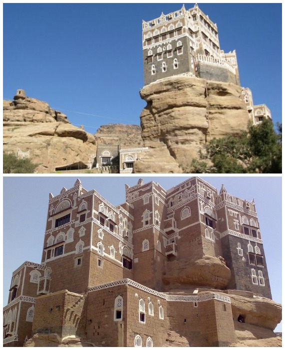 Монументальный дворец Дар аль-Хаджар в Сане построен на вершине природного утеса (Йемен). 