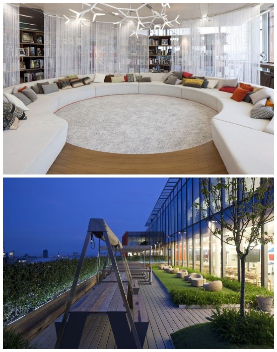 Зона библиотеки и открытая терраса максимально комфортны (Штаб-квартира Google в Лондоне, Великобритания).