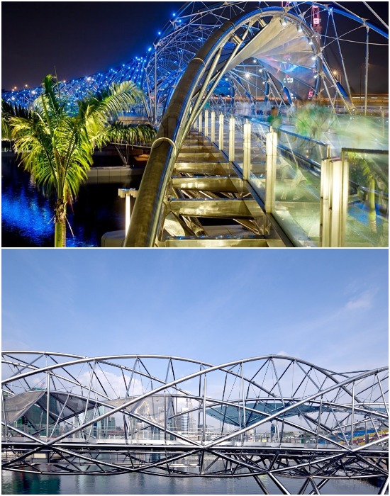 Мост Helix давно стал главной достопримечательностью города, где в любое время суток можно наслаждаться его красотой и окружением (Сингапур).