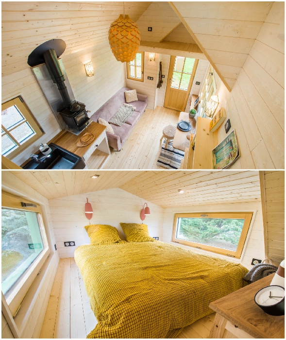Оптимизация пространства позволила наполнить домик всем необходимым для проживания 1-2 человек (The Tiny house La Mesange Verte).