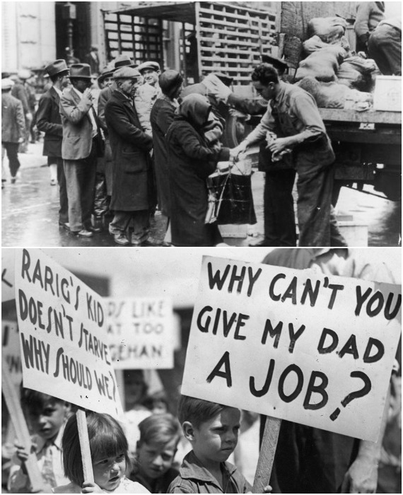 В начале 30-годов в США разразился экономический кризис, приведший к безработице, голоду и остановке предприятий.