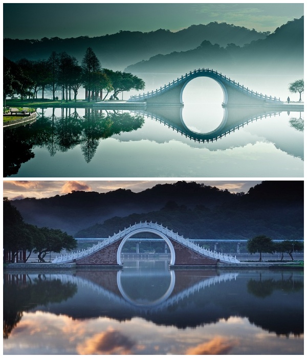 Лунный мост, созданный в традиционном китайском стиле в городском парке, стал главным его украшением (Dahu Park, Тайвань).