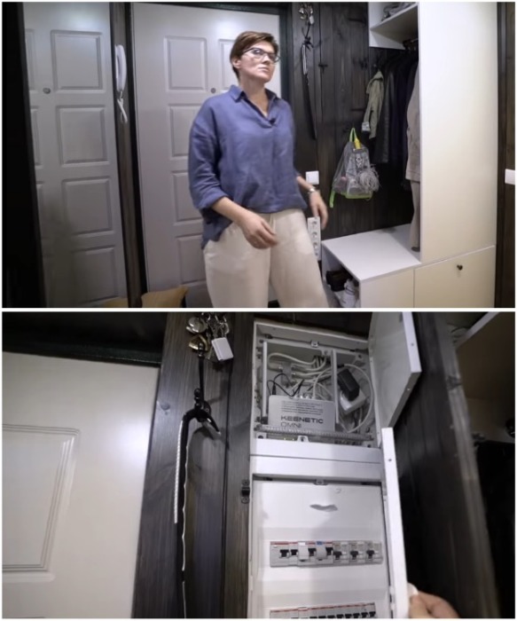 Многофункциональная мебель в прихожей и потайной шкафчик помогли спрятать нужные вещи и приборы.  | Фото: youtube.com/ INMYROOM TV.