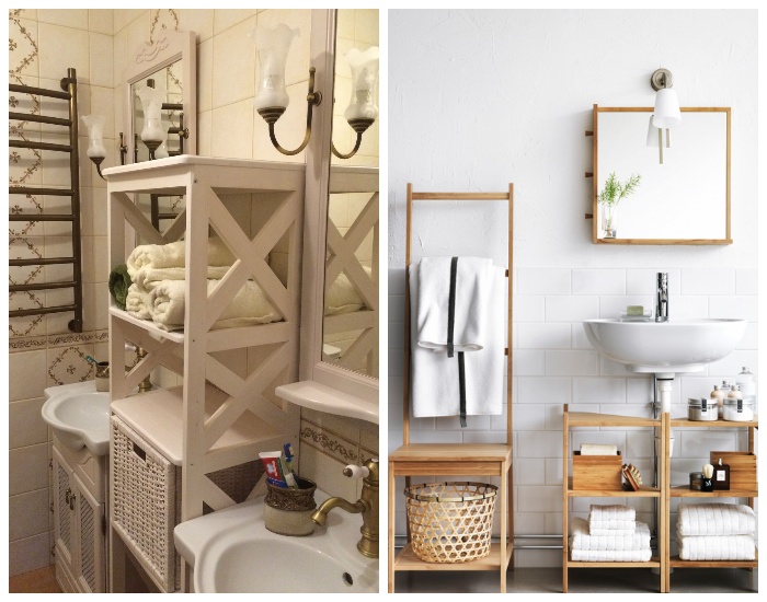 Деревянные этажерки стильно украсят интерьер ванной комнаты и обеспечат дополнительными системами хранения.