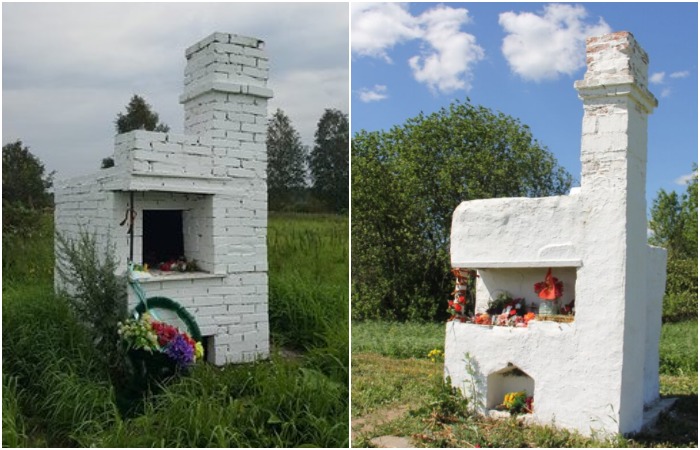Каждый посетитель старается возложить цветы, ведь символичная печь – это памятник всем тем, кто погиб во время войны («Русская Хатынь», Ленинградская область). 