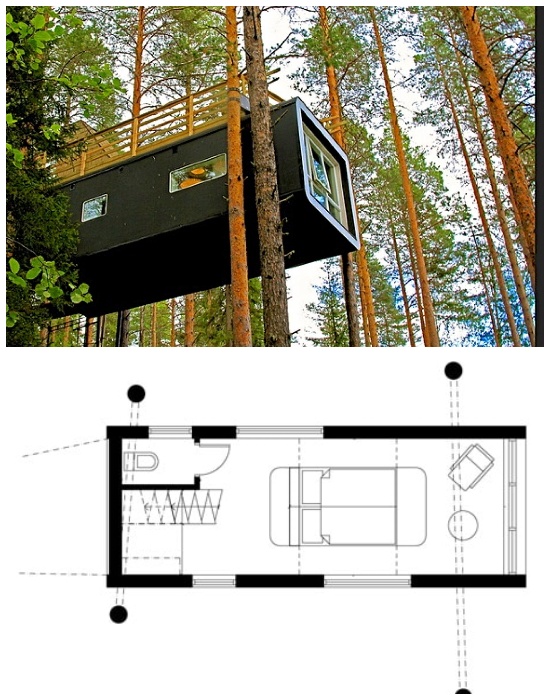 Мини-коттедж на дереве «Cabin» имеет площадь 15 кв. метров и рассчитан на двоих (эко-отель Treehotel). | Фото: enjourney.ru.