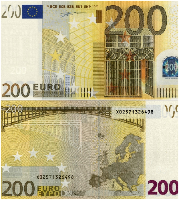Благодаря купюрам евро можно изучать основные стили в европейском искусстве (200 евро – стиль модерн). | Фото: bonistika.net/ banknotes.finance.ua.