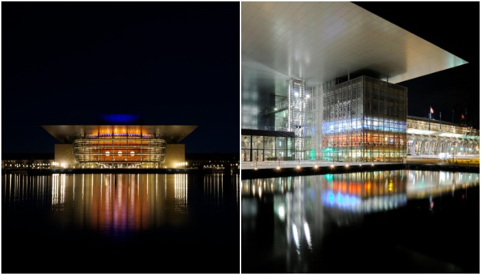 Оперный театр привлекает не только формами, но и настоящим световым шоу, которым можно наслаждаться в темное время суток (The Royal Danish Opera, Копенгаген).