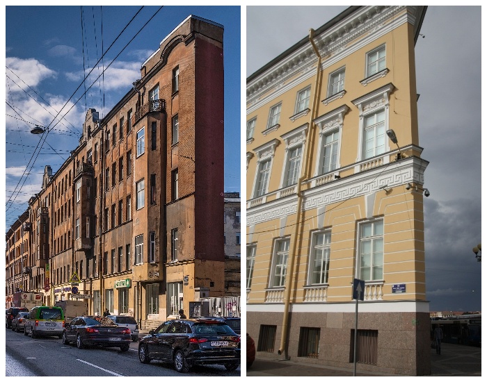 Плоские дома Санкт-Петербурга (на набережной Мойки и Боровой улице, Россия).