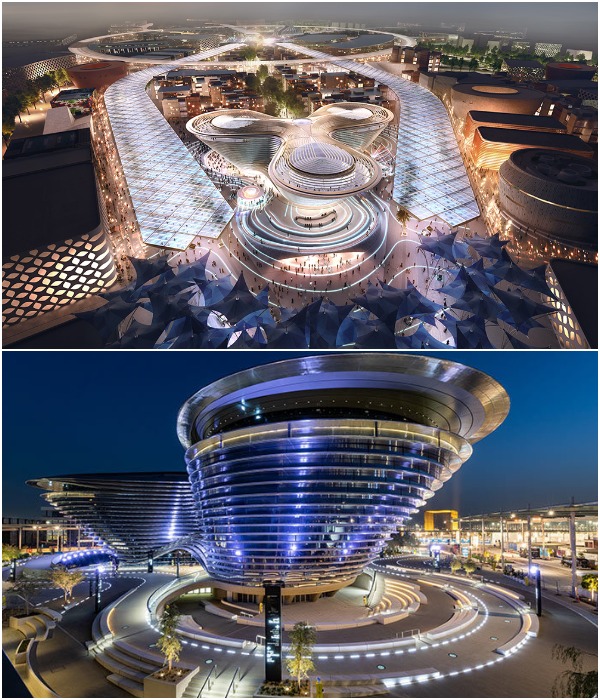 Тематическая зона «Мобильность» на Всемирной выставке Dubai Expo 2020 и ее основной павильон. 