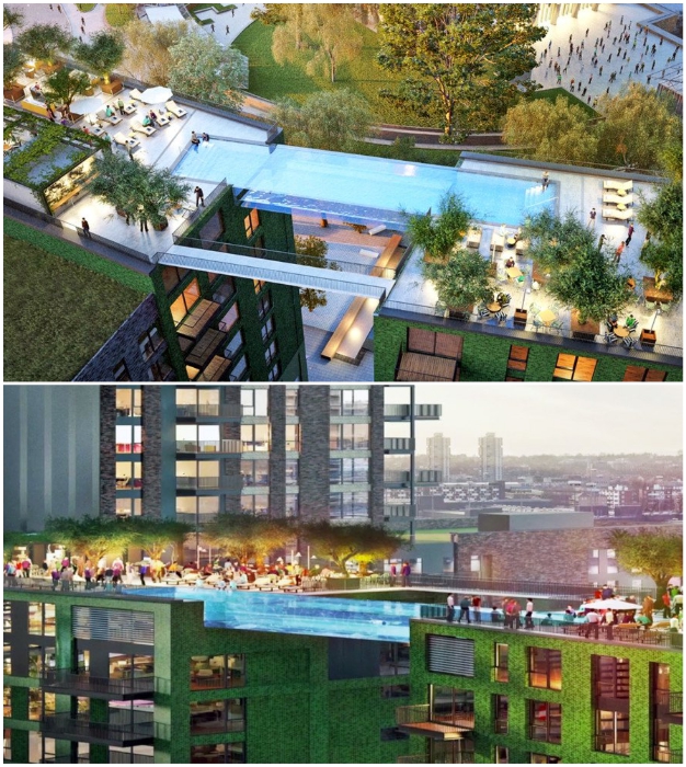 На крышах двух высоток обустраивают лаунж-зоны для жильцов элитного комплекса Embassy Gardens (Лондон).