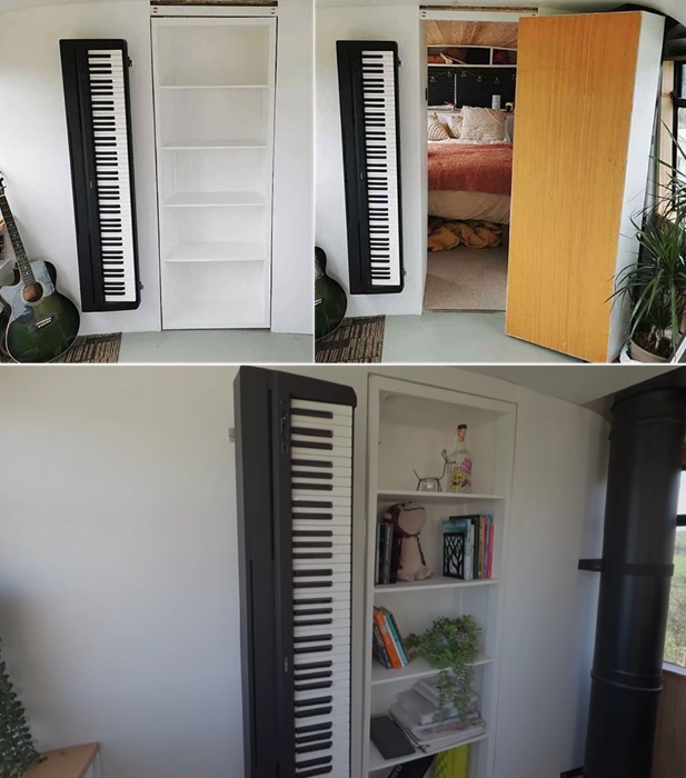 Дверь в спальню замаскирована под книжный стеллаж.