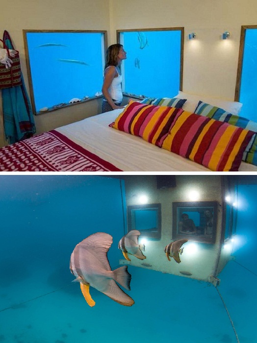 В номерах, которые находятся на нижнем уровне, можно любоваться подводным миром (Плавающий отель, Занзибар).