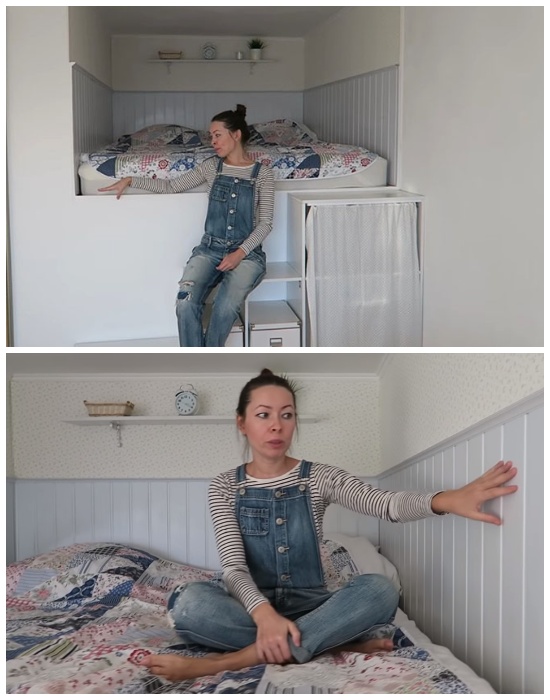 На высоком подиуме в образовавшейся нише девушка сделала настоящую спальню. | Фото: youtube.com.