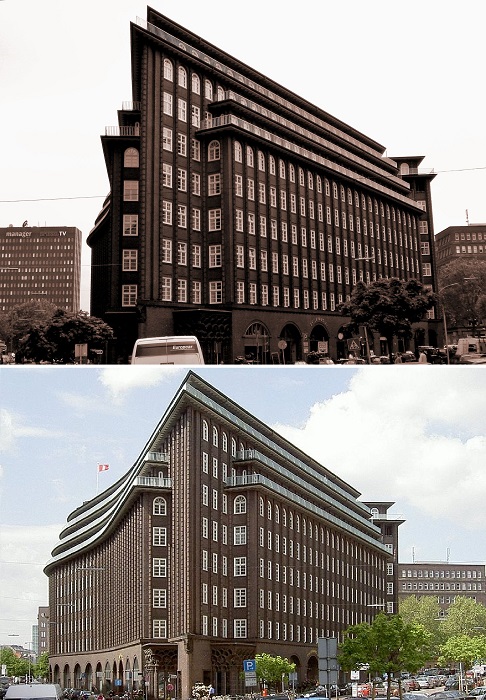 Здание , построенное в 1922 - 1924 гг. по проекту немецкого архитектора Фрица Хёгера, является одним из значительных памятников экспрессионизма в мировой архитектуре («Чилехаус» или «Нос корабля»).