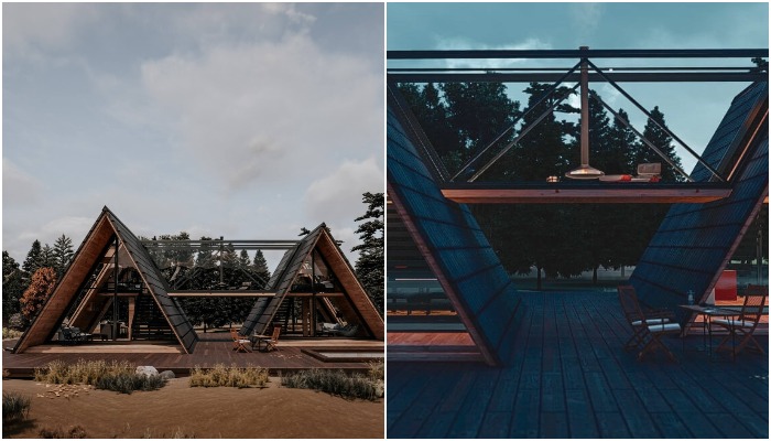 Воздушный мост соединяет две спальни, расположенных на втором уровне в разных домиках (концепт коттеджного домика Gisoom).