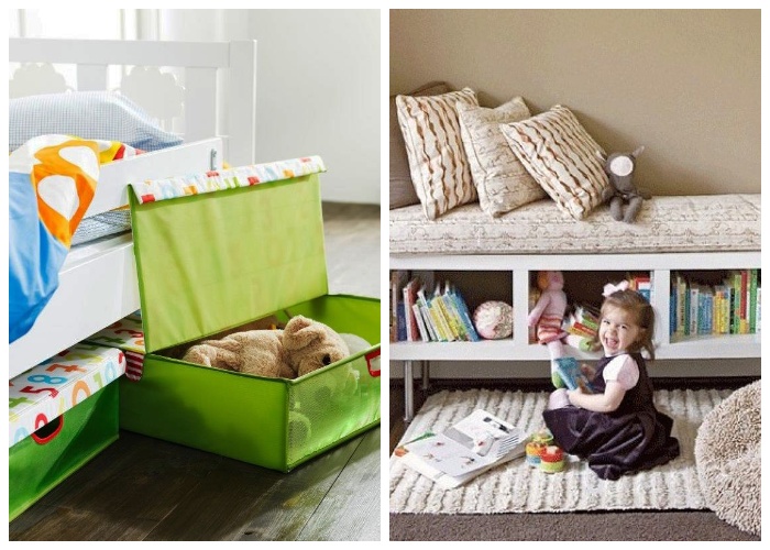Коробки и полки под кроватью удобно использовать для хранения детских игрушек. | Фото: domfront.ru.