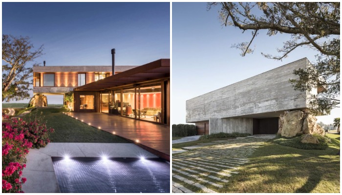 Массивный бетон контрастирует с легкостью открытого пространства нижнего блока, в котором преобладают стеклянные стены (Casa Da Figueira, Бразилия).