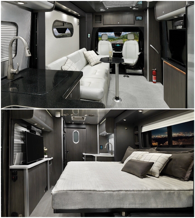 Стоит лишь нажать на кнопку и диван превратится в комфортную двуспальную кровать (2021 Atlas Touring Coach).