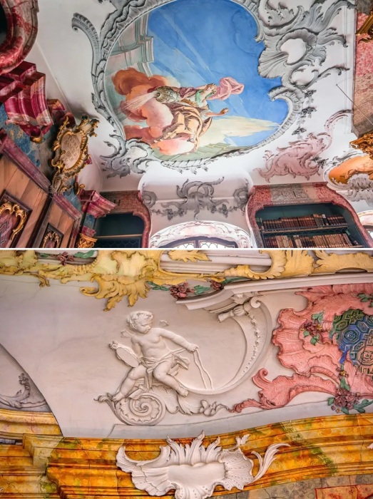 Фрески и барельефы изображают библейские сюжеты, аллегории, сцены из притч и легенд (Wiblingen Abbey, Германия). 
