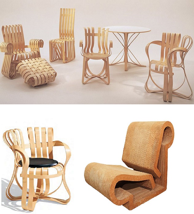 Изящная коллекция мебели Bent Wood и кресло из серии Easy Edges от Фрэнка Гери.