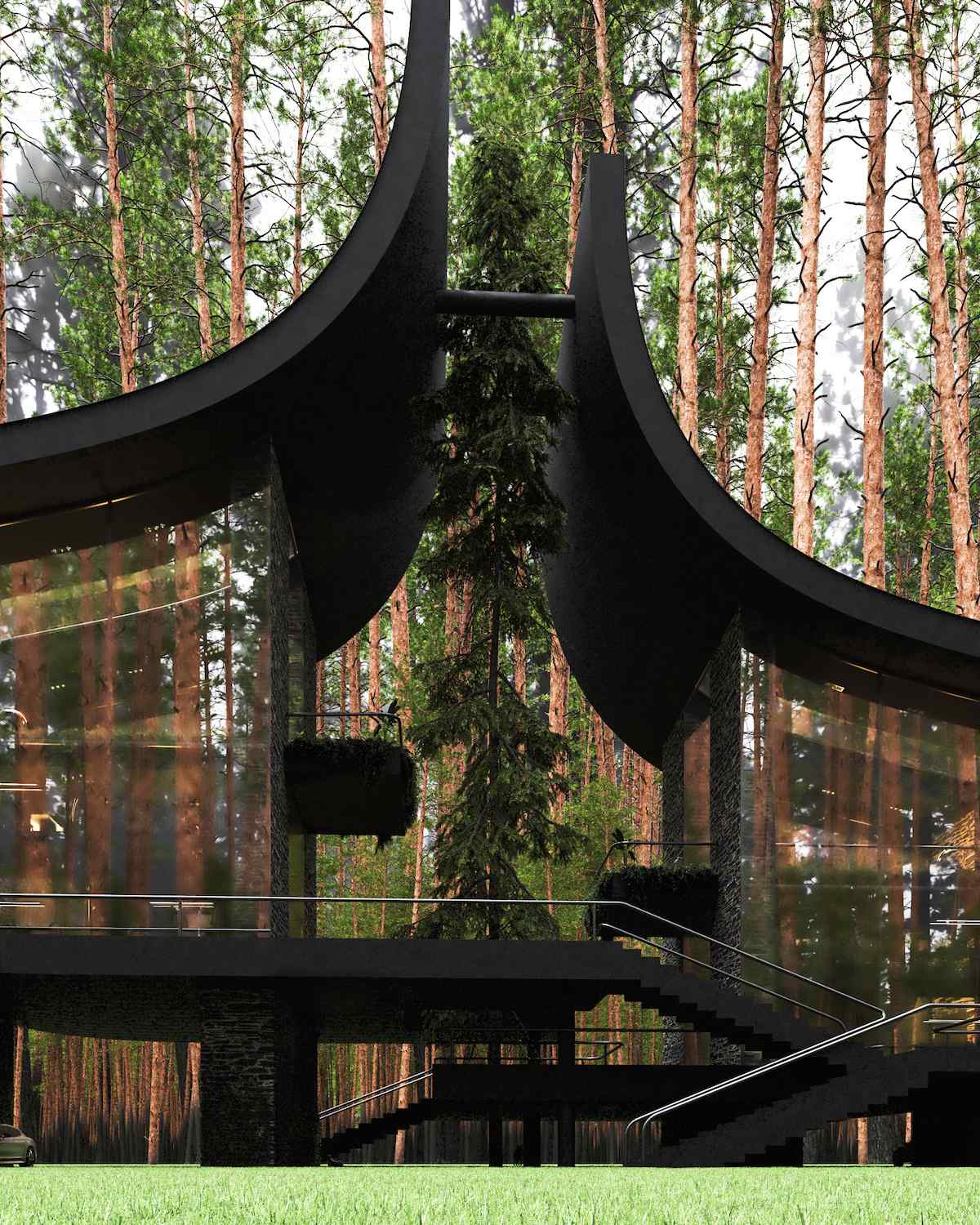 Между двумя половинами Twin Sisters house дома растет высокая ель. Между двумя половинами Twin Sisters house дома растет высокая ель.