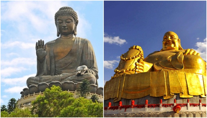 Пример Будды, как конкретной исторической личности, и добряка-будды, приравненного к божеству, достигшему просветления (Парк тысячи Будд, Китай). 
