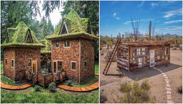 «Лесной замок» и «Хижина в пустыне» – последние эко-домики, построенные парой энтузиастов Сарой Андервуд и Джейкобом Уитцлингом (Хижины Cabinland, США).