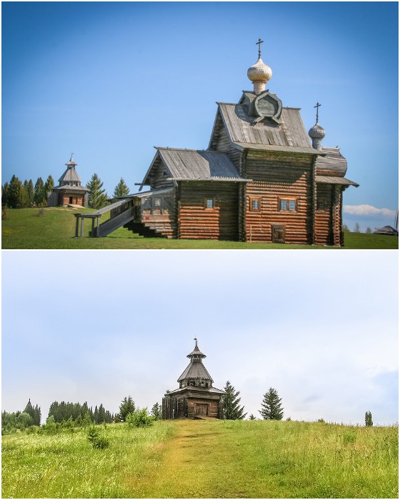 Церковь Преображения 1702 года из села Янидор и сторожевая башня из села Торговище (Пермский край).