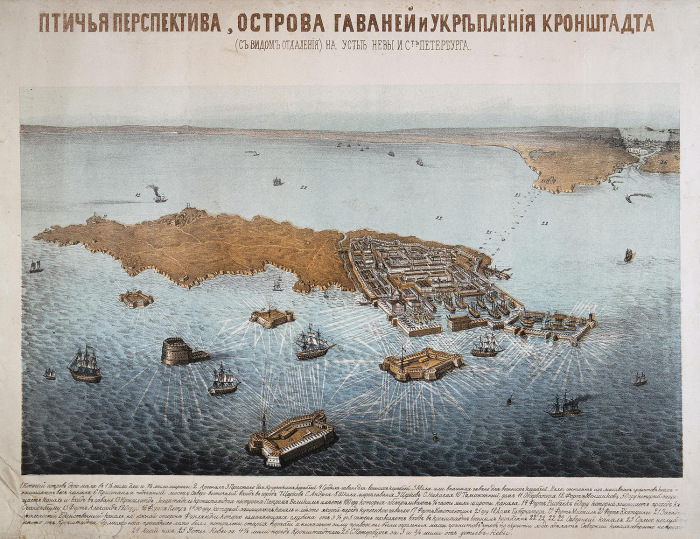 Вид крепости Кронштадт во время Крымской войны (рисунок 1855 г). | Фото: ru.wikipedia.org.