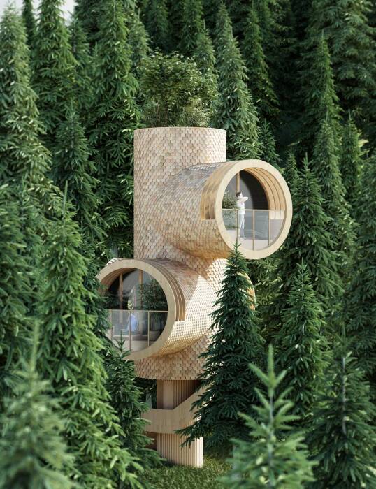 Причудливые модульные домики должны привнести нотку игривости и очарования в окружающий ландшафт (концепт Bert Tree House). | Фото: busch-jaeger.de.