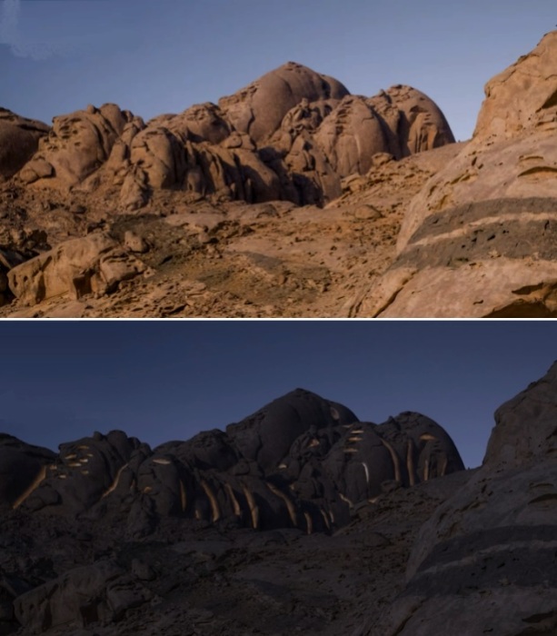 Глядя на «Пустынную скалу» днем, невозможно представить, что внутри обустроены роскошные номера (концепт курорта Desert Rock).
