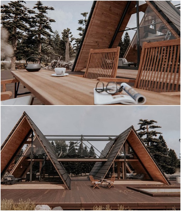 Деревянный подиум, на котором установлен дом, станет отличным местом отдыха на свежем воздухе (концепт коттеджного домика Gisoom). 
