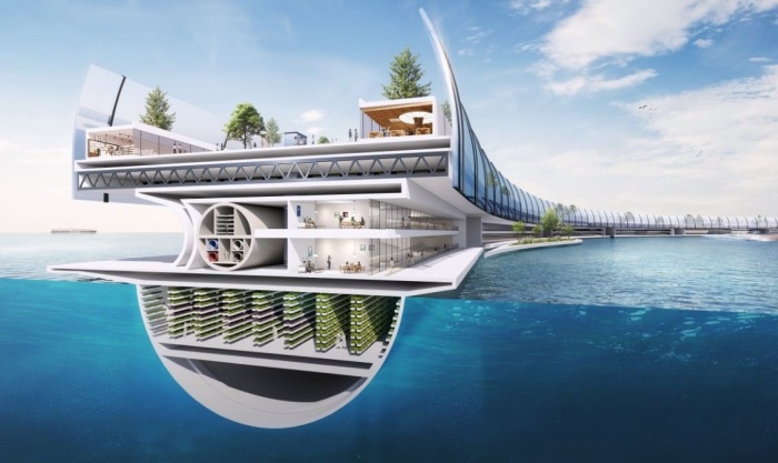 Научно-исследовательские центры, производства и жилища будут располагаться под водой, что позволит сэкономить на энергоресурсах (рендеринг Dogen City). | Фото: mymodernmet.com.