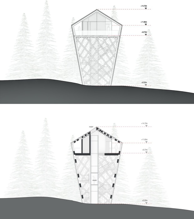 План-чертеж деревянной конструкции номера для эко-курорта Tree Suites (проект Peter Pichler Architecture). 
