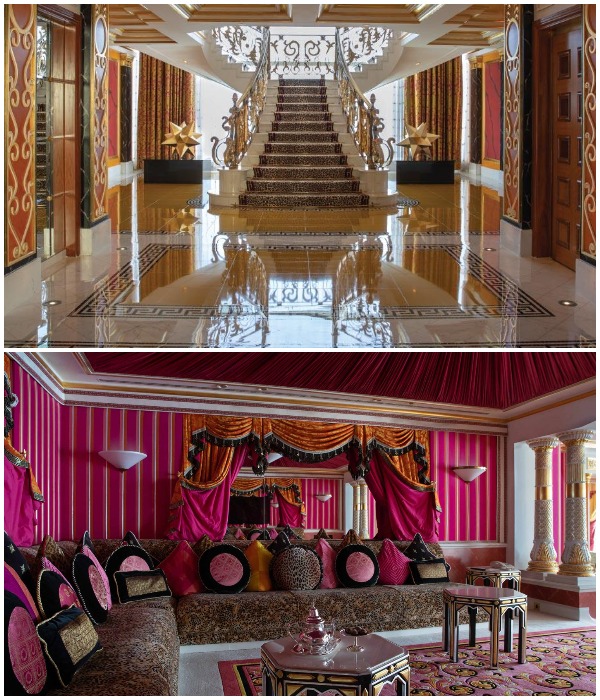 На 25 этаж отеля Burj Al Arab гостей доставит персональный лифт, а великолепная мраморная лестница доведет в гостиную королевского сьюта (Дубай, ОАЭ).